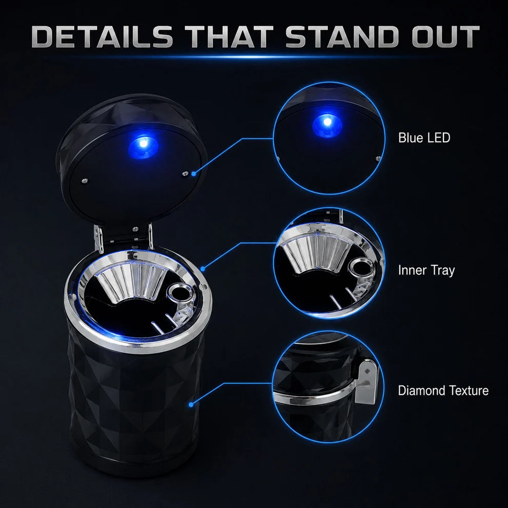 Car Cupholder Ashtray – LED Light, Lid & Portable Bin